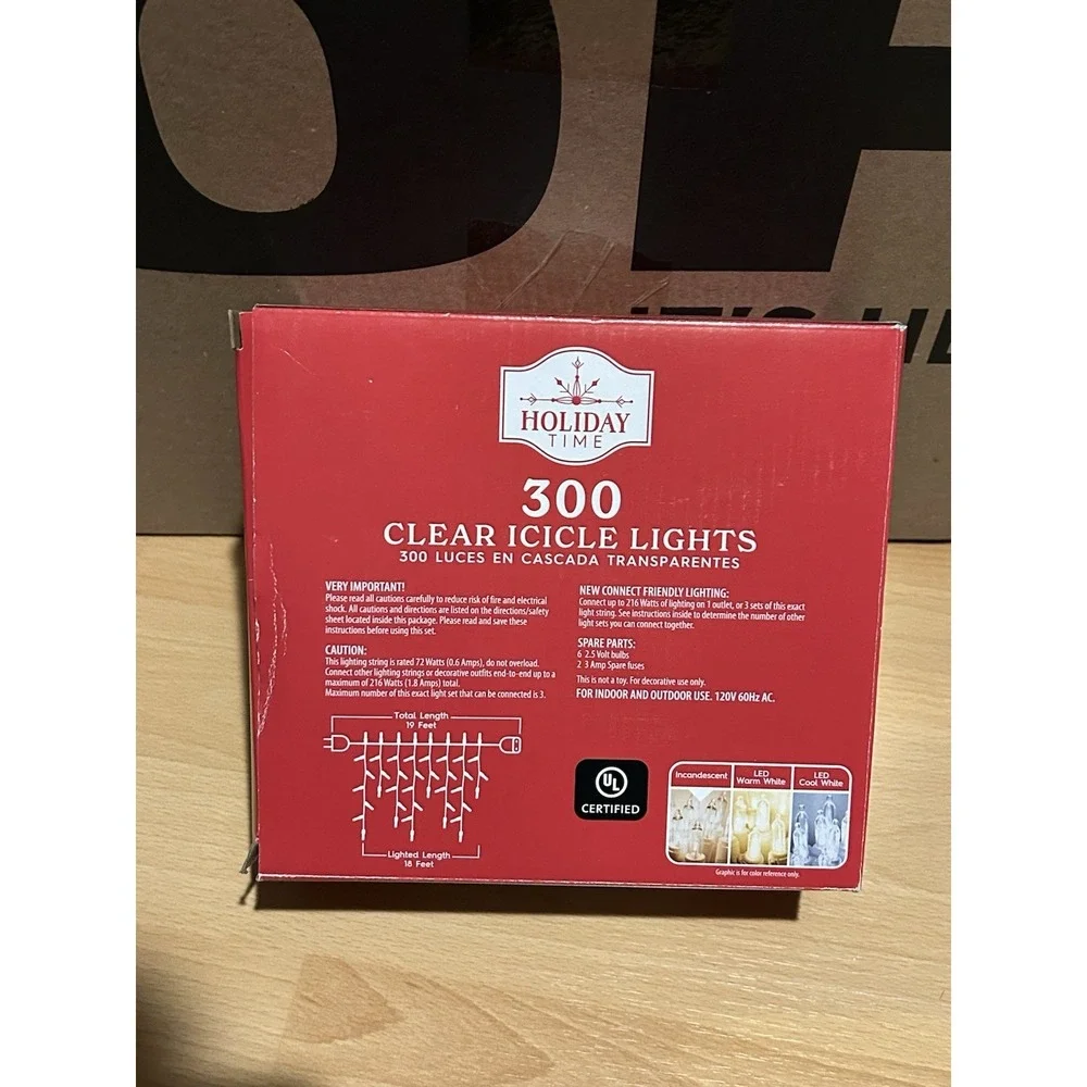 Holiday Time 300 Ct Clear Icicle Christmas Holiday Lights White Wire 18 FT